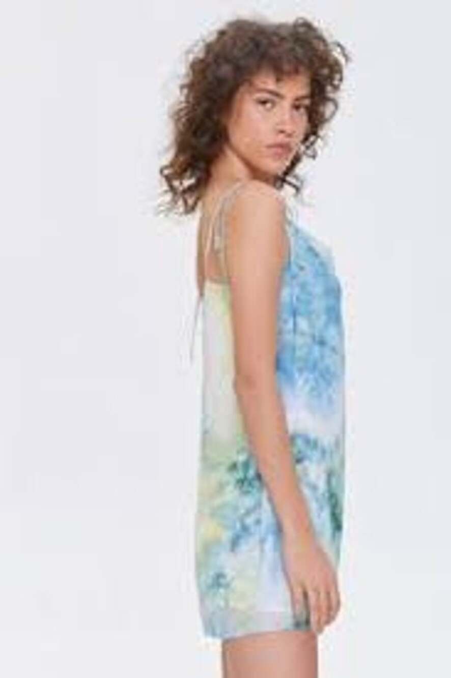 NEW NWT Forever 21 Blue Yellow Tie Dye Lined Chiffon Mini Slip Dress Size S